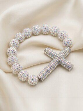 Cross Rhinestone Stretch Bracelet AB Crystal Disco Ball Beads Silver Tone
